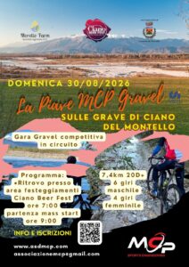 Manifesto dell'evento dedicato alla gara di gravel bike "La Piave MCP", con dettagli e sfondo panoramico.